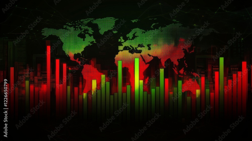 Poster stock market graph with green and red candlesticks, world map in the background