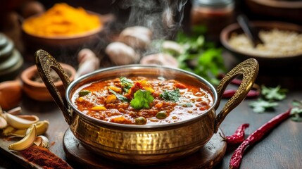 Stirring hot curry in a pot, with steam and rich spices filling the air, traditional kitchen setup