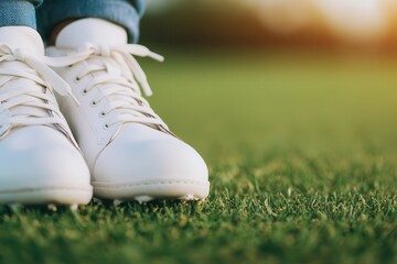 Softball fitness blends dynamic sports drills with strength-focused workouts. White sneakers on green grass during sunset.