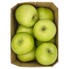 Green apples in box isolated png. Apples isolated on transparent background. Full depth of field. PNG format.