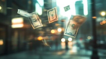 Dollar bills float gracefully in a teal-toned background, capturing the essence of wealth and prosperity against an urban backdrop during sunset.