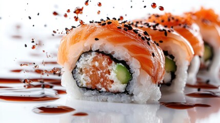 Sushi rolls with splashing soy sauce create an appetizing dining experience