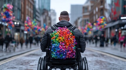 Obraz premium Man in a wheelchair with a colorful rainbow flower backpack navigates a busy city street during a festive celebration.