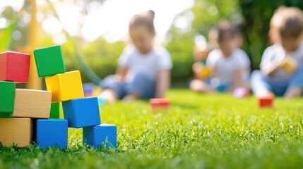 Group of children playing with colorful building blocks on green grass outdoors in a sunny environment