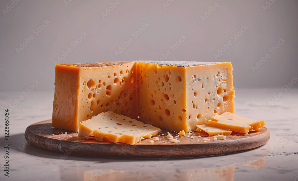 Aufkleber a slice of cheese is cut from a large block of cheese. the cheese is yellow and has holes in it