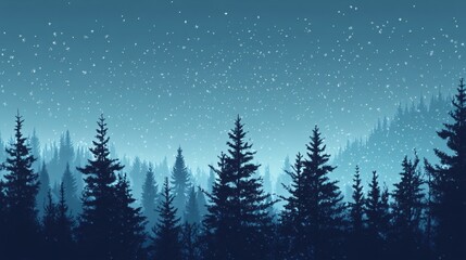 Snowy winter night scene with dark silhouette of forest trees and falling snow on blue sky