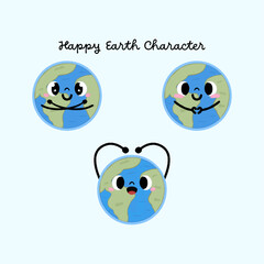 Set of cute happy earth character with various gesture on hand drawn style
