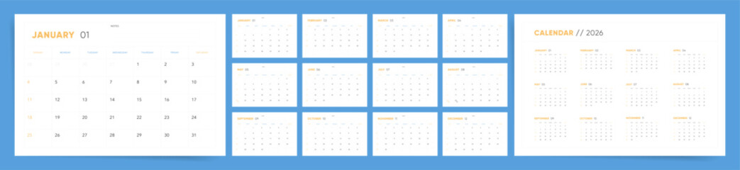 2026 Calendar template design. Week starts on Sunday office calendar. Desktop 2026 planner in minimalism clean style. Corporate classic simple calendar. English vector calendar layout.