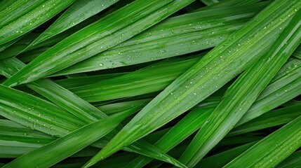 Fototapeta premium Close up of green grass blades with water droplets reflecting light in a natural outdoor setting