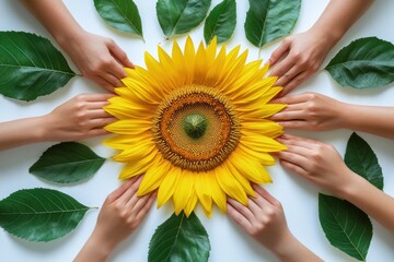Obraz premium Hands around sunflower, leaves, white background; environmental protection
