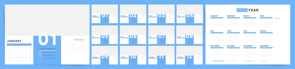 Calendar template for 2026 year. Week starts on Sunday. Wall or desktop planner with photo image. Corporate or business calendar. 2026 calendar in minimal business style for. English vector calendar.