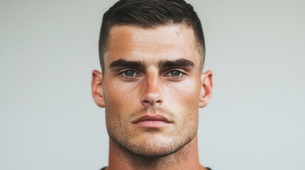 Obraz premium Hairstyle cut trend concept. Confident and Stylish Male Model with French Crop Haircut and Faded Sides in Studio Portrait