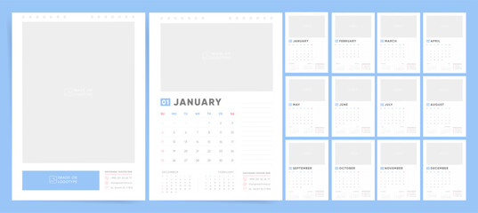 Calendar template for 2026 year. Week starts on Sunday. Wall planner with photo image. Corporate or business calendar. 2026 calendar in minimal business style for. English vector calendar.