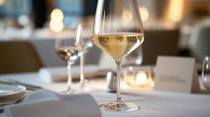Fototapeta premium Elegant Dining Setting with Glass of White Wine and Soft Lighting