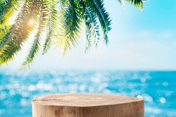 Summer sea product display on wooden podium at tropical beach