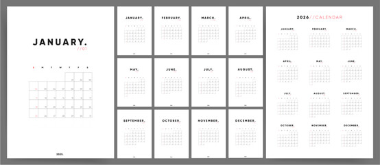 2026 Calendar, 12 Pages for Monthly Vector Calendar Templates for 2026 Year. Clean and Simple Graphic Design ready to print or edit. Wall Planner Calendar Organizer 2026.
