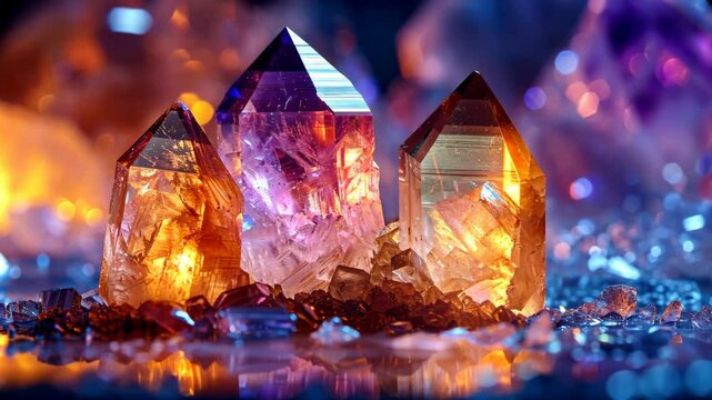4K video. Healing crystals on a abstract glowing surface. Amethyst, obsidian, rose quartz on a dark background. New age