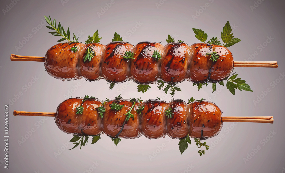 Poster Two skewers of meat with herbs and spices on top. The skewers are on a white background
