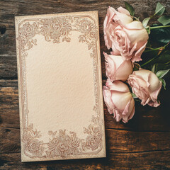Vintage styled paper with delicate roses arranged on a rustic wooden surface in soft natural light