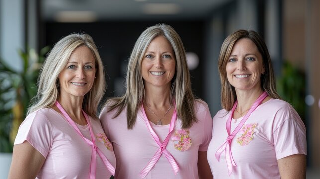 Three women in pink shirts, breast cancer awareness, office background, support