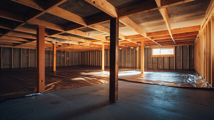 Fototapeta premium A spacious crawl space with smooth concrete walls, a heavy-duty vapor barrier on the floor, and thick wooden beams supporting the ceiling. Soft shadows highlight the clean, controlled environment.