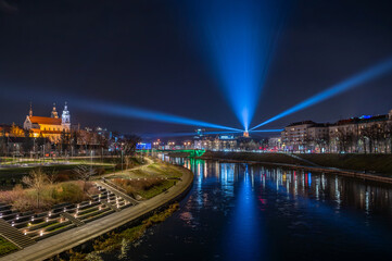 Fototapeta premium Vilnius Capital of Lithuania. Cathedral, Gediminas Tower, Green Bridge. Economical growth, Population, Lithuania military, Old Town, Vilnius Birthday, Lights Festival.