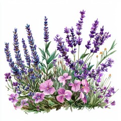 Naklejka premium Beautiful Arrangement of Lavender Flowers and Delicate Pink Blooms in a Vibrant Floral Composition