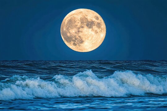 Full moon above sea waves at night creating a serene and captivating celestial seascape - Powered by Adobe