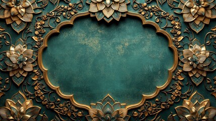 Ornate gold floral frame on teal background. (1)