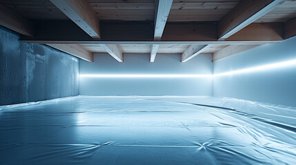Obraz premium A modern crawl space with LED strip lighting highlighting the pristine vapor barrier on the floor and walls. Polished wooden beams overhead add a futuristic, professional touch to the clean environmen