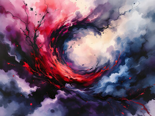 Black, Dark Purple, Red, Burgundy, Wine, Magenta, and Maroon Watercolor Abstract Background with Chaotic Stains and Smoky Fog – Generated by AI.