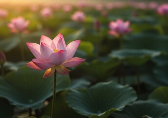 Obraz premium Lotus Flowers In Various Shades Of Pink And White, Blossoming Beautifully Amidst Their Large, Green Leaves