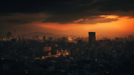 Naklejka premium Dramatic Cityscape Sunset Orange Sky Urban Skyline Night City Buildings view dark light scene photo 