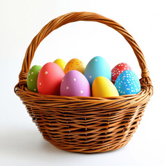 Colorful Easter eggs in a woven basket create a festive spring display for holiday celebrations