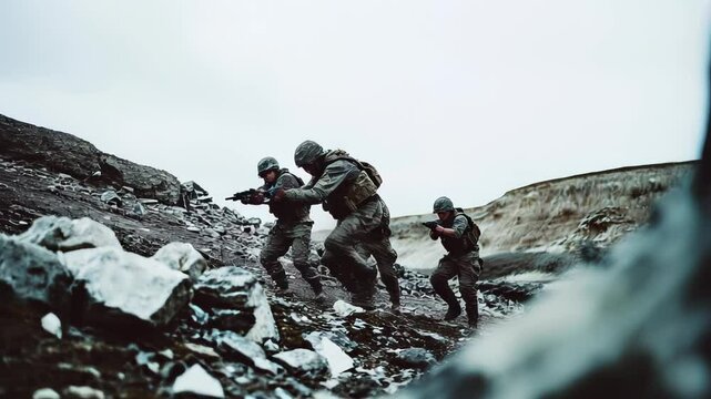 Combat soldiers advance through coastal terrain. Tracking camera follows parallel to action. Desaturated color grading enhances realism. Ducking, firing, advancing through defensive positions.