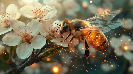 Naklejka premium Bee on White Flower Branch, Digital Effects Overlay, Garden Background, Ecology Use