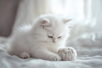 Obraz premium Adorable fluffy white kitten playing with a textured yarn ball on a soft bed, sunlight streaming in