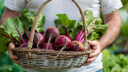 fresh beetroot in a basket held by a farmer