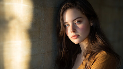 Fototapeta premium Beautiful Young Woman Portrait Golden Hour Light Natural Makeup girl face hair eyes skin wall model 