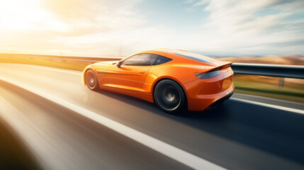 Orange Sports Car Speeding on Highway Sunset Drive Fast sky road blur style motion luxury racing    