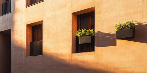 Fototapeta premium Sunlight casts shadows on windows adorned with planters in a contemporary building