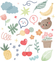 Cute Kid Flower, bear, fruit, leaf and Cloud Illustration. Hand-Drawn Doodle Sketch with Summer Theme. Fun Children’s Vector Background with Playful Line Art for School and Patterns.