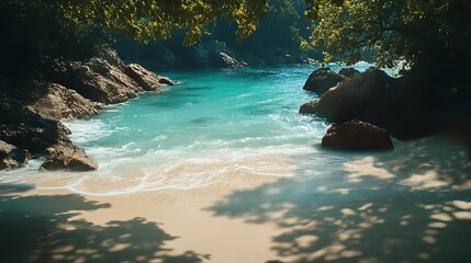 Colorful tropical beach turquoise waters forested hillside under mesmerizing sky