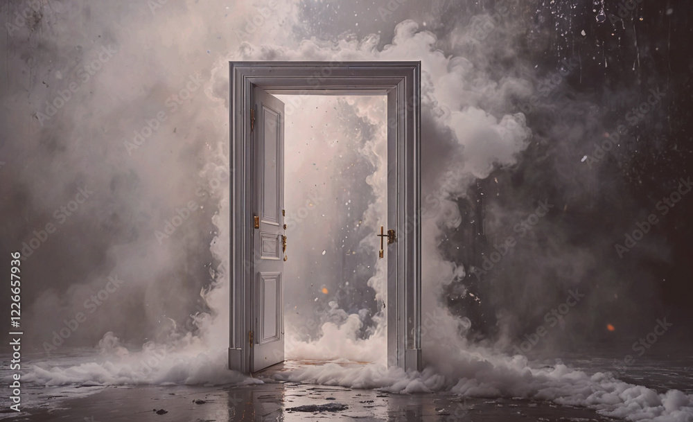 Aufkleber a white door is open in a room with smoke and debris. the door is the only thing visible in the room