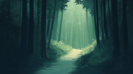 Fototapeta premium Enchanted Forest Pathway Surrounded by Tall Trees and Fog