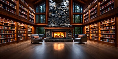 A cozy library with tall bookshelves, a stone fireplace, and armchairs, set in a wooded environment with large windows. Concept Cozy Library Design, Tall Bookshelves, Stone Fireplace