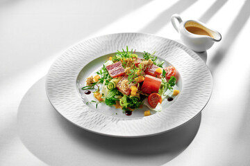 A close-up of a tuna salad, showcasing the variety of textures, from the flaky tuna to the crunchy greens and the creamy avocado.