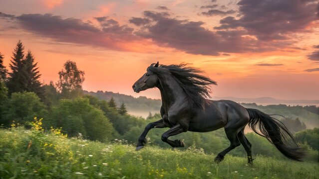 A powerful and captivating image of a black horse running freely across a grassy field at sunset - Powered by Adobe