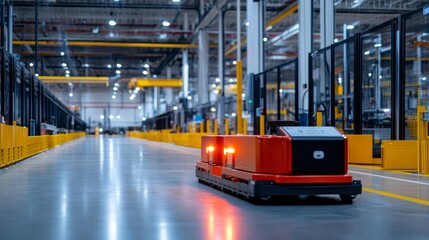 Automated guided vehicle navigating a spacious warehouse with bright lighting and organized shelves
