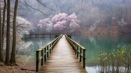 Obraz premium Misty lake pier, spring blossoms, tranquil woods, peaceful scene, travel